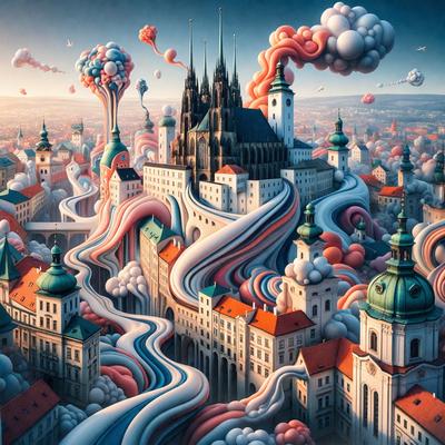 The primary subject of the image is a cityscape with a large, colorful, and whimsical building that resembles a giant candy cane. The building is surrounded by other buildings, creating a vibrant and lively atmosphere. The setting is a city with a mix of old and new architecture, giving it a unique and artistic appearance. The visual style of the image is a combination of digital art and illustration, with a focus on vivid colors and creative design. The overall mood of the image is cheerful, fun, and imaginative, capturing the essence of a magical and whimsical city.